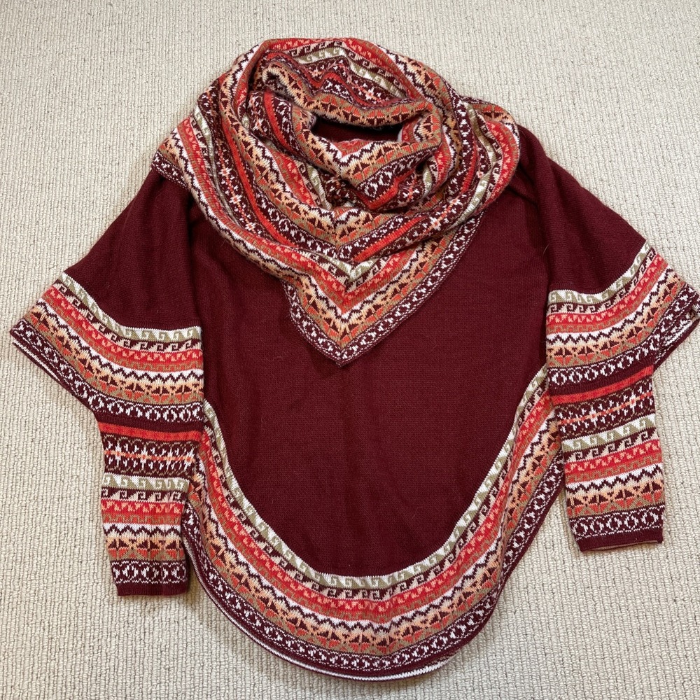 Inca's Inc 100% Alpaca Poncho Pullover Burgundy Fair Isle Peru One Size